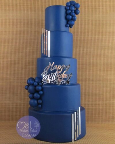 Bolo Azul Marinho Happy Birthday